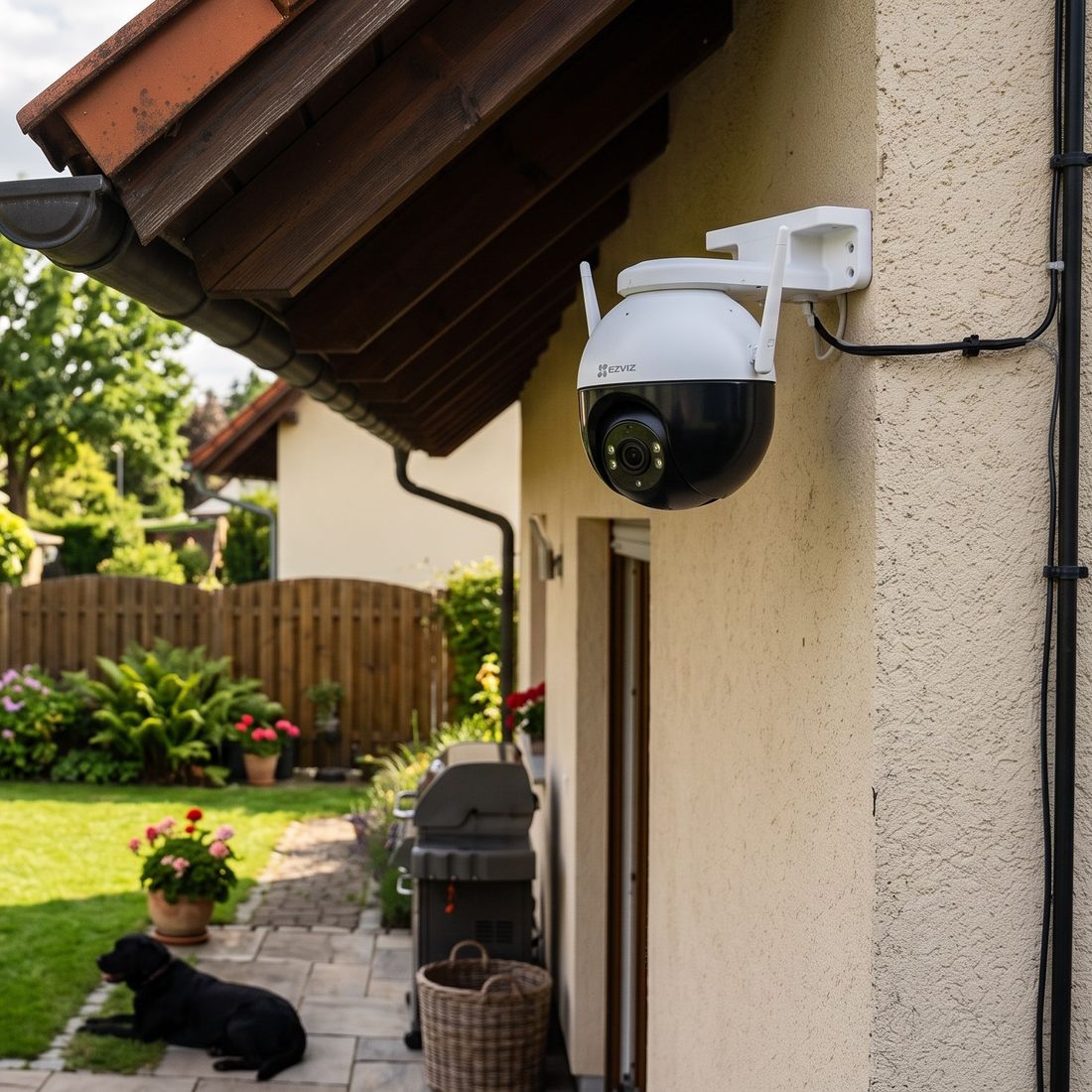 Cámara motorizada instalada en la pared de una casa, con vista al jardín