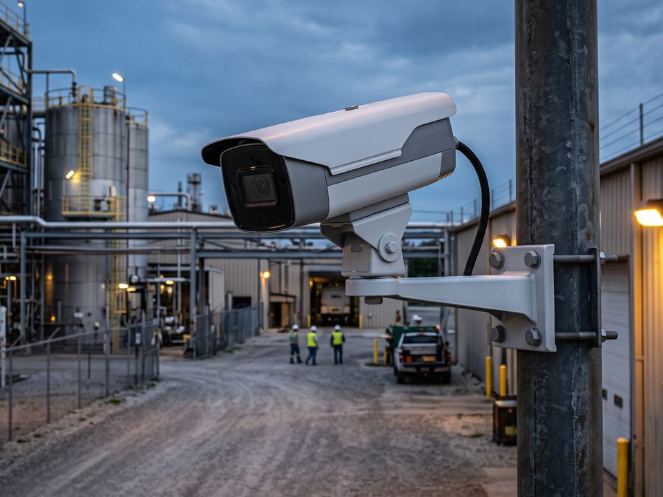 Cámara bullet en un poste vigilando el acceso de una planta industrial al atardecer