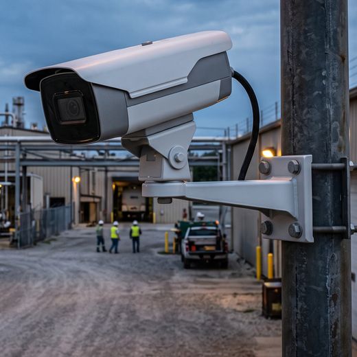 Cámara bullet en un poste vigilando el acceso de una planta industrial