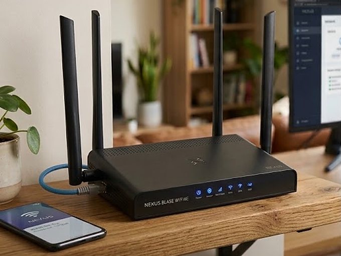 Router WiFi con cuatro antenas en un escritorio de una casa