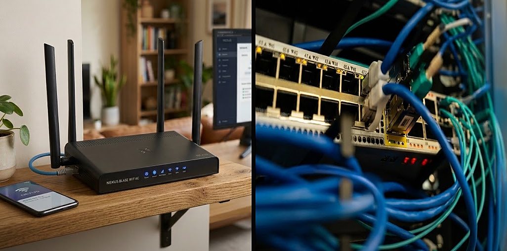 Router WiFi en un escritorio y cableado de red ordenado en un rack