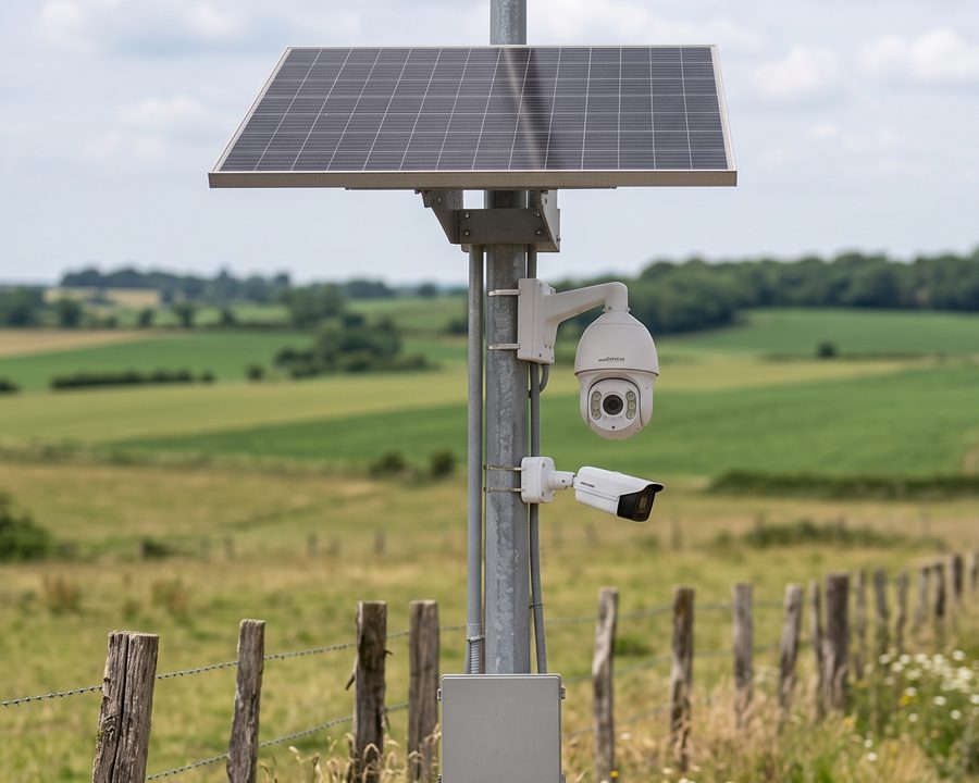 Poste con panel solar y cámaras de seguridad en un campo